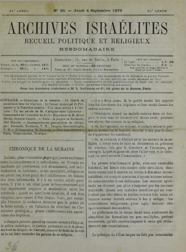 Archives israélites de France. Vol.40 N°36 (04 sept. 1879)